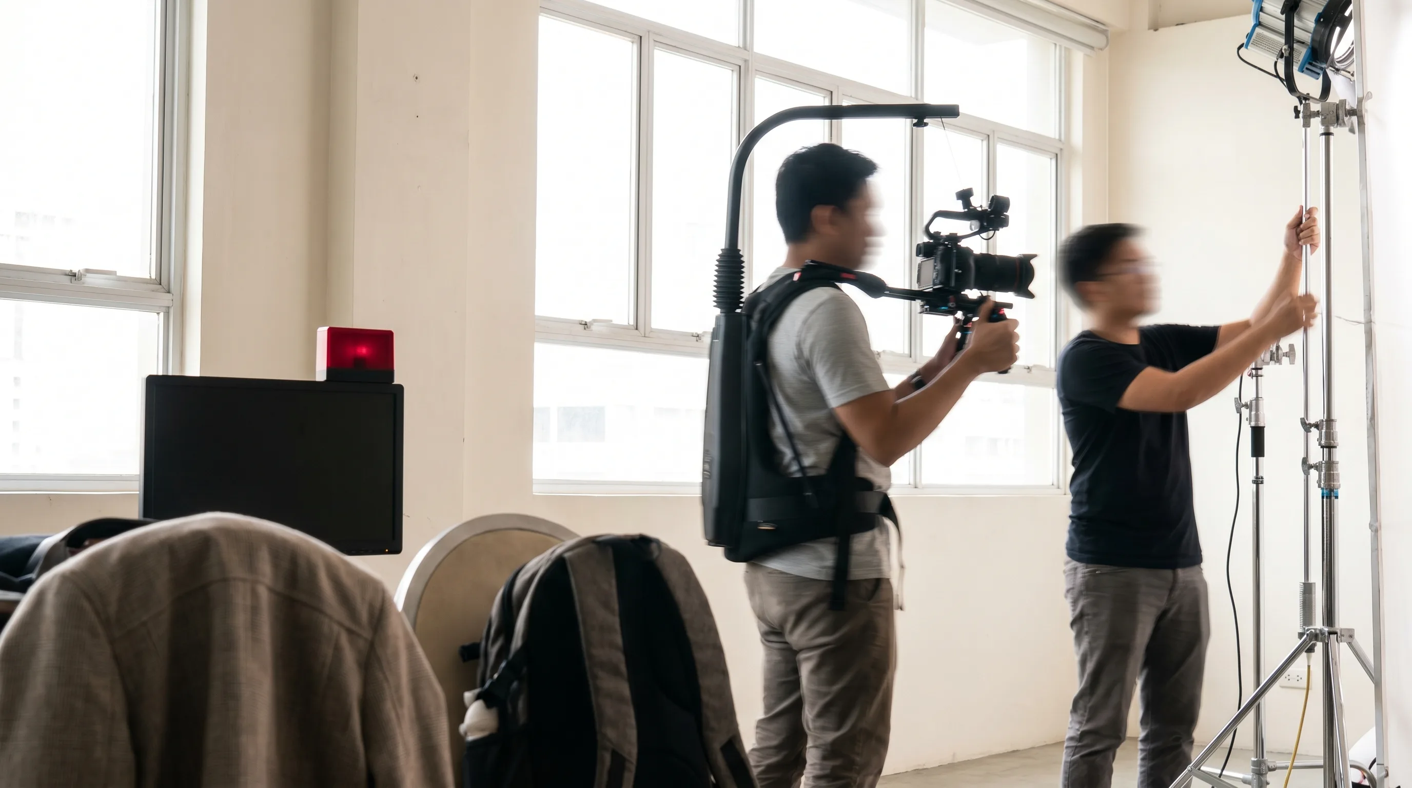 The Three Spheres crew on a bright set
