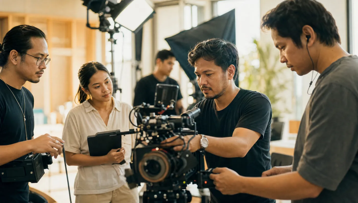 The Three Spheres crew reviewing a shot together on set
